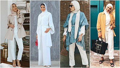 أفكار متنوعة لتنسيق البنطلون الأبيض مع الحجاب