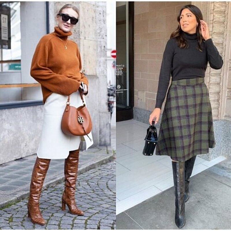 Fashionable women in boots and skirts