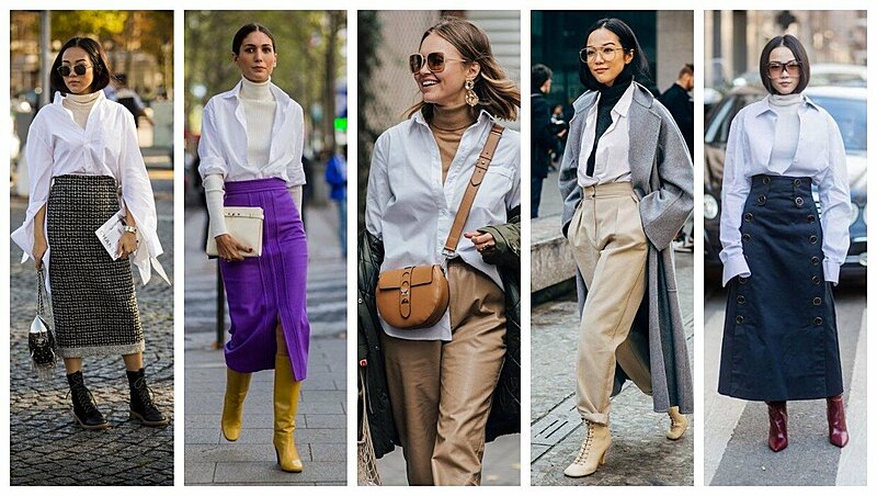 Women wearing skirts and shirts, showcasing diverse styles and fashion choices.