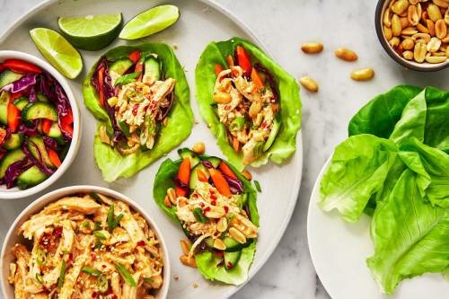 Peanut-sesame chicken lettuce cups